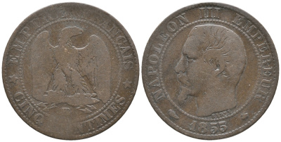Франция 5 сантимов 1855 BB, Наполеон III (1852-1870) KM 777.3, LE FRANC 116.20 бронза 34-434