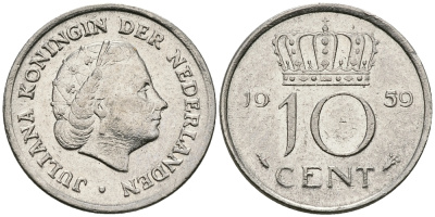 НИДЕРЛАНДЫ 10 ЦЕНТОВ 1959 ЮЛИАНА KM 182 никель 96-423
