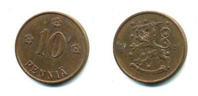 Финляндия 10 пенни 1924 республика (1918-1962) KM 24 медь 46-2635