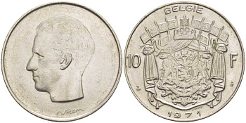 БЕЛЬГИЯ 10 ФРАНКОВ 1971 BELGIE, БОДУЭН I (1951-1993) KM 156.1 никель 4110-1224