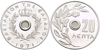 Греция 20 лепта 1971 Константин II (1964-1974), оливковая ветвь KM 79 алюминий UNC 4182-1116