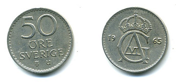 Швеция 50 эре 1965 U, Густав VI Адольф (1950-1973) KM 837 медно-никель 29-222