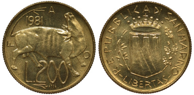 Сан-Марино 200 лир 1981 FAO, бык KM 123 алюминиевая бронза UNC M24-01