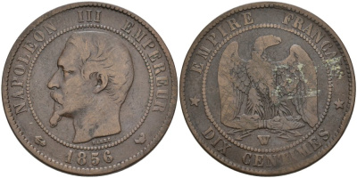 Франция 10 сантимов 1856 W, Наполеон III (1852-1870) KM 771.7, Le Franc 133.38 бронза 4574-436