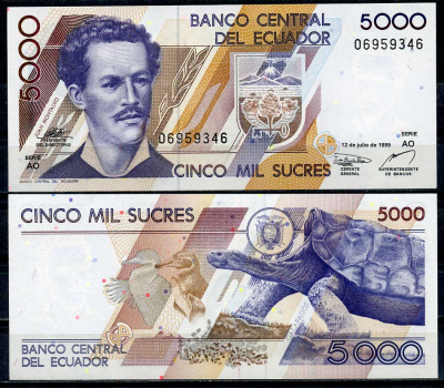 Эквадор 5000 сукре 1999 12 июля, Хуан Монтальво, животные на Галапагосских островах, серия AO Pick 128 c  бумага  UNC (пресс) 447-113-1