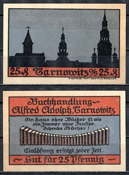 Тарновиц (Силезия) 25 пфеннигов 1921 Книжный магазин Альфреда Адольфа DeNG 1/2 1311.1a-3 бумага UNC (пресс) 7555-16-1-2