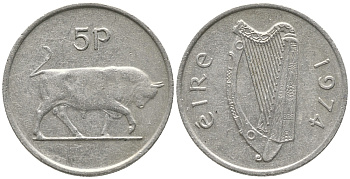 ИРЛАНДИЯ 5 ПЕНСОВ 1974 БЫК KM 22 медно-никель 51-153