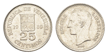 Венесуэла 25 сентимо 1989 Симон Боливар Y 50a сталь плакированная никелем 4664-218