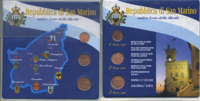 Сан-Марино набор из 3 монет 2006 1, 2, 5 евроцентов в картонном буклете UNC 1-4-2-26