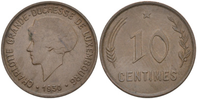 Люксембург 10 сантимов 1930 Шарлотта (1918-1964) KM 41 бронза 4566-626
