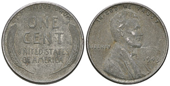 США 1 цент 1943 Авраам Линкольн KM 132 a сталь покрытая цинком 54-817