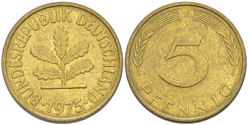 ФРГ 5 ПФЕННИГОВ 1975 F KM 107, J. 382 сталь плакированная латунью 4181-945