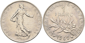 Франция 1 франк 1960 сеятель KM 925.1, LE FRANC 226.4 никель    4177-212