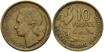 Франция 10 франков 1952 B, петух KM 915.2, Le Franc 363.5 алюминиевая бронза 4159-924