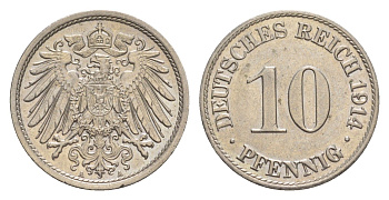 Германия 10 пфеннигов 1914 A, Вильгельм II (1888-1918) KM 12, J. 13 медно-никель UNC 1527-1033