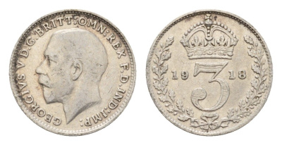 Великобритания 3 пенса 1918 Георг V (1910-1936) KM 813, Spink 4015 серебро 4644-228