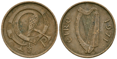 Ирландия 1/2 пенни 1971 птичка KM 19 бронза 4136-917