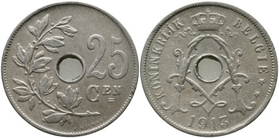 БЕЛЬГИЯ 25 САНТИМОВ 1913 BELGIE KM 69 медно-никель 94-1023