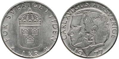 Швеция 1 крона 1977 U, Карл XVI Густав (1973- ) КМ 852 медь плакированная медно-никелем 202-514