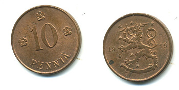 Финляндия 10 пенни 1919 KM 24 медь 37-1234