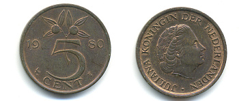 Нидерланды 5 центов 1980 Юлиана (1948-1980) KM 181 бронза 83-1013