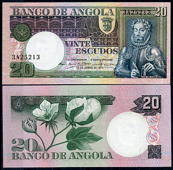 Ангола 20 эскудо 1973 Луис де Камоэнс, хлопок Pick 104  бумага  UNC (пресс) 451-1055-1