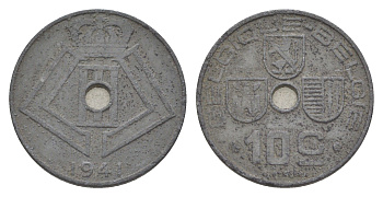 Бельгия 10 сантимов 1941 Belgique - Belgie, Леопольд III (1934-1947), германская оккупация, Вторая мировая война KM 125 цинк 4639-214