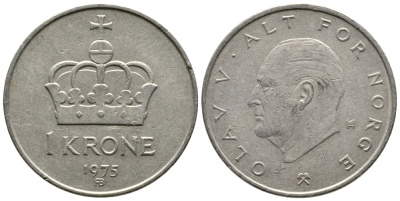 Норвегия 1 крона 1975 Улаф V (1958-1991) KM 419 медно-никель 91-521