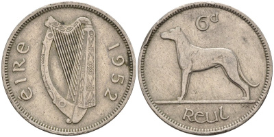 Ирландия 6 пенсов 1952 ирландский волкодав KM 13a медно-никель 4146-443