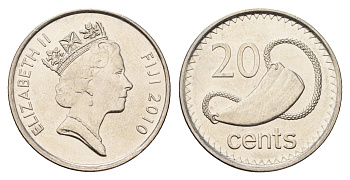 Фиджи 20 центов 2010 Елизавета II (1952-2022), китовый зуб KM 121 сталь плакированная никелем UNC 4698-1231