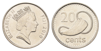 Фиджи 20 центов 2010 Елизавета II (1952-2022), китовый зуб KM 121 сталь плакированная никелем UNC 4698-1231