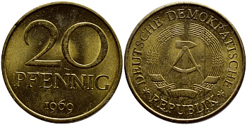 ГДР 20 пфеннигов 1969 А, первый год KM 11 латунь UNC 4395-754