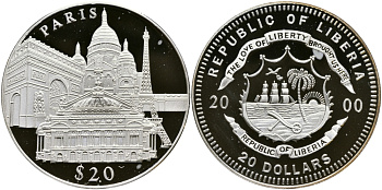 Либерия 20 долларов 2000 серия памятники архитектуры, Париж серебро PROOF 1066-12-44