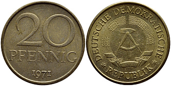 ГДР 20 пфеннигов 1971 А KM 11 латунь UNC 54-1337