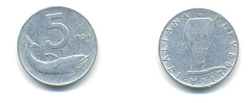 ИТАЛИЯ 5 ЛИР 1954 R, РУЛЬ, ДЕЛЬФИН KM 92 алюминий 80-1232