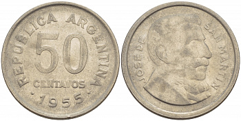 Аргентина 50 сентаво 1955 генерал Хосе де Сан Мартин KM 49 сталь плакированная никелем 4548-335