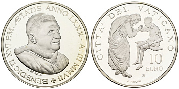 Ватикан 10 евро 2007 Бенедикт XVI, Всемирный день миссионера, в оригинальной коробке, с сертификатом KM 401 серебро PROOF 1-4-6-14