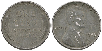 США 1 цент 1943 Авраам Линкольн KM 132 a сталь покрытая цинком 214-358