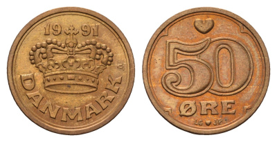 Дания 50 эре 1991 Маргрете II (1972-2024) KM 866 бронза 201-768