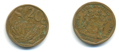 ЮАР 20 центов 1993 герб, цветок протея KM 136 сталь плакированная латунью 177-513