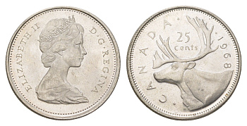 Канада 25 центов 1968 Елизавета II (1952-2022), олень KM 62a серебро 4622-927