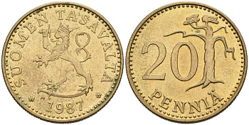 ФИНЛЯНДИЯ 20 ПЕННИ 1987 M KM 47 алюминиевая бронза 4563-341