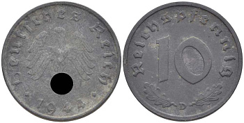 ГЕРМАНИЯ 10 РЕЙХСПФЕННИГОВ 1944 D KM 101, J. 371 цинк 4401-537
