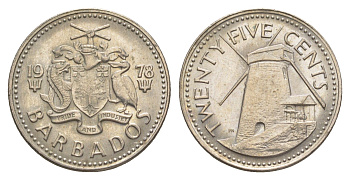 Барбадос 25 центов 1973 ветряная мельница Моргана Льюиса KM 13 медно-никель UNC 4637-252