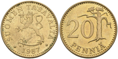 ФИНЛЯНДИЯ 20 ПЕННИ 1987 M KM 47 алюминиевая бронза 4563-341