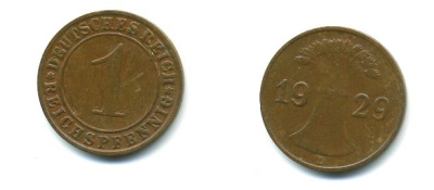 ГЕРМАНИЯ 1 РЕЙХСПФЕННИГ 1929 D KM 37, J. 313 бронза 46-914