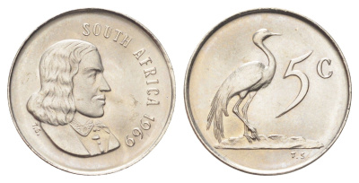 ЮАР 5 центов 1969 Ян ван Рибек (1619-1677), South Africa, легенда на англинском, райский журавль KM 67.1 медно-никель UNC 4696-949