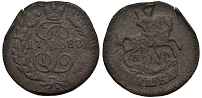 Россия полушка 1788 Екатерина II (1762-1796) КМ 55.4, Узд. 2807 (черта), Биткин 846 ( R), 5 рублей по Ильину медь 00-813-74