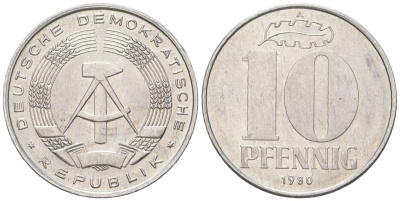 ГДР 10 пфеннигов 1980 A KM 10 алюминий 201-1033