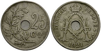 Бельгия 25 сантимов 1921 Belgie KM 69 медно-никель 4165-812